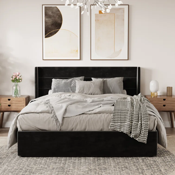 Luxurious Velvet Upholstered Hydraulic Lift-Up Storage Platform Bed – Full/Double Size with Sleek Design & Maximized Space