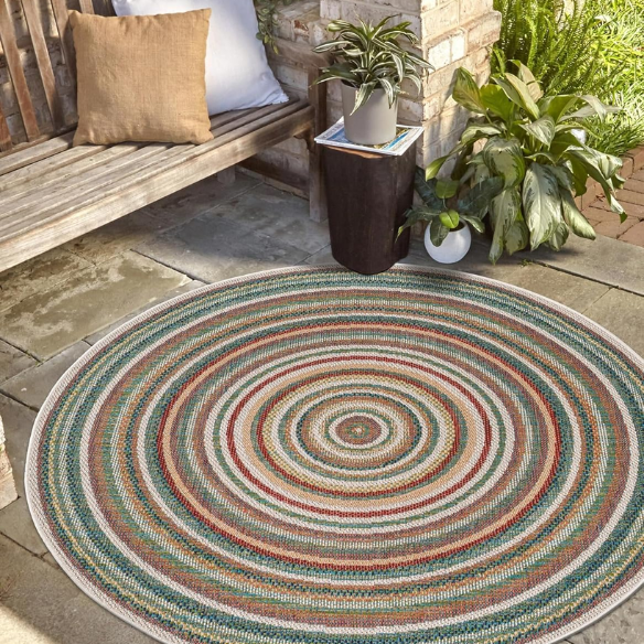 Coastal-Inspired Geometric Rug – Fade & Stain-Resistant, Green & Orange Pattern, Ideal for Indoor/Outdoor Use