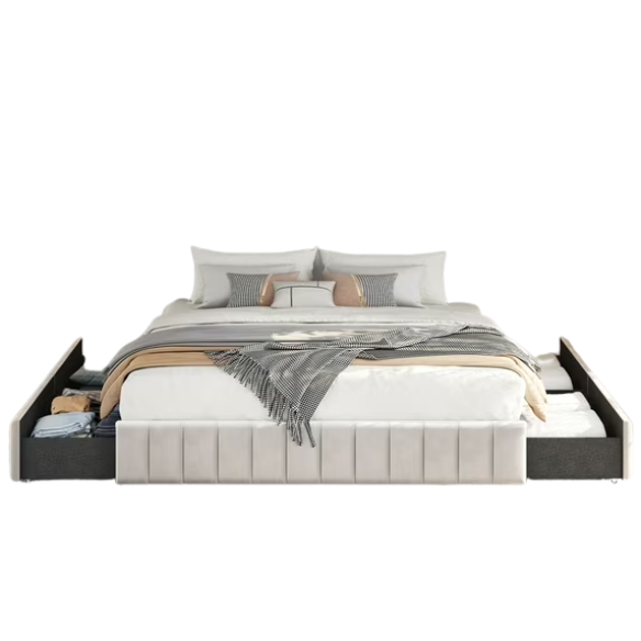 King Size Upholstered Platform Storage Bed with Velvet Fabric, Channel-Tufted Accents, and Built-In Drawers for Extra Storage