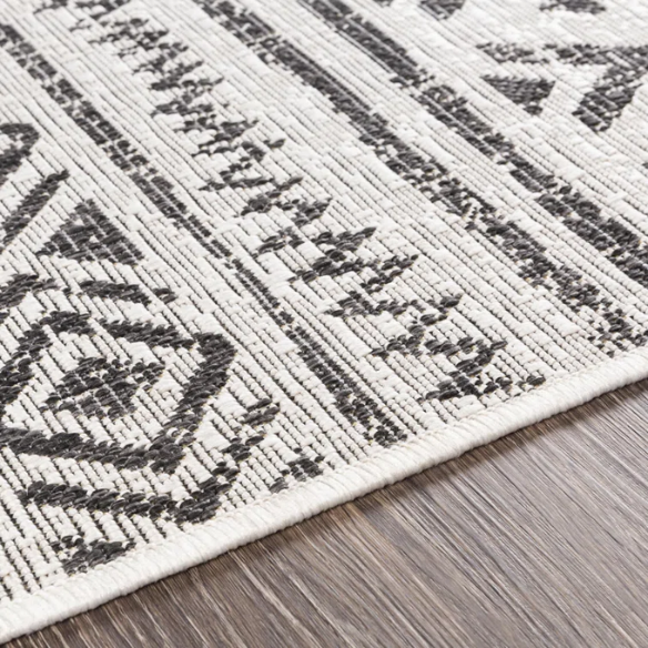 Striped Geometric Area Rug – Charcoal & Off-White, Durable Polypropylene, Low-Pile Design for High-Traffic Indoor/Outdoor Spaces