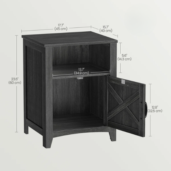 Farmhouse Nightstand with Cabinet & Open Compartment – Rustic Bedside Table, Distressed Finish, Barn Door Style, Matte Black Metal Handles, Flared Legs, Versatile Storage for Bedroom or Living Room