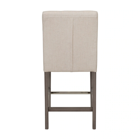 Upholstered 25" Counter Height Bar Stool – Modern Farmhouse Design with Tufted Back, Foam Padded Seat, Washed Grey Solid Wood Legs, and Durable Steel Footrest