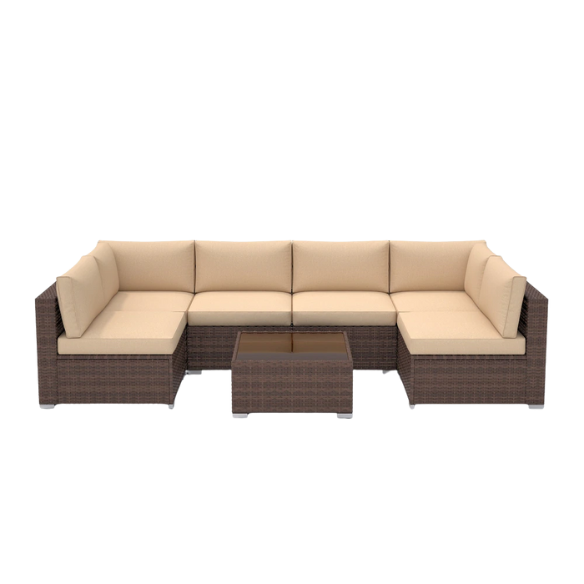 7-Piece Modular Patio Furniture Set | Wicker Outdoor Sectional Sofa with PE Rattan, Plush Pillowtop Cushions, and Coffee Table