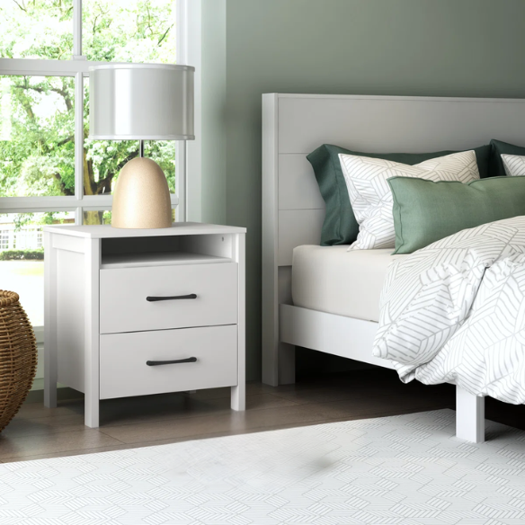22.7" 2-Drawer Nightstand – Space-Saving Modern Minimalism, Engineered Wood with Clean-Lined Silhouette, Neutral Finish, Open Cubby & 2 Spacious Drawers for Bedroom Storage, Ideal for Tech & Accessories