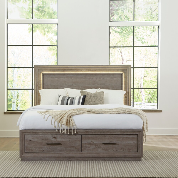 Modern Greystone 4-Piece King Storage Bed, Dresser, Mirror & Nightstand Set with LED Lighting, Built-In Charging Station, and Brushed Nickel Hardware – Floating Panel Headboard and Plinth Base