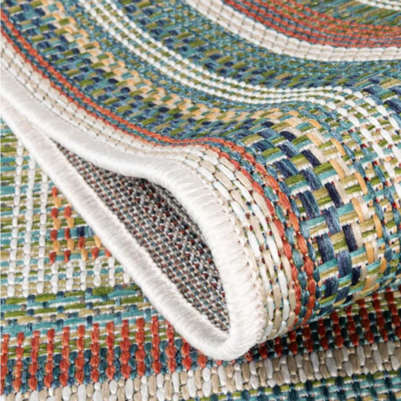 Coastal-Inspired Geometric Rug – Fade & Stain-Resistant, Green & Orange Pattern, Ideal for Indoor/Outdoor Use