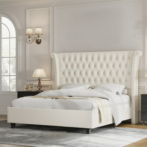 Luxurious Tufted Button Upholstered Wingback Queen Bed with Raised Headboard for Ultimate Comfort