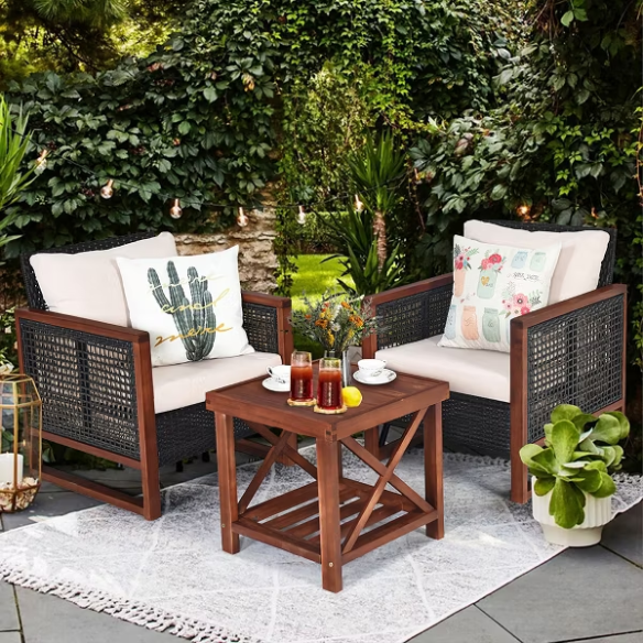 3-Piece Patio Wicker Furniture Set | Rattan Outdoor Sofa with Washable Cushions and Acacia Wood Coffee Table | Perfect for Garden and Backyard