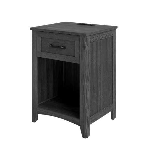 Farmhouse-Style Nightstand with Built-In Charging Station – Engineered Wood, Spacious Top, Drawer & Open Compartment, Matte Black Metal Handle, USB-A & USB-C Ports, AC Outlets, Ideal for Bedroom or Living Room