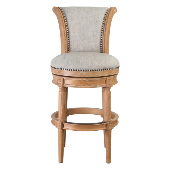 Swivel Bar-Height Stool with High Seat Back – Elegant Curved Back, 180° Automatic Return Swivel, Nail Head Trim, Metal Footrests, and Cushioned Foam Seat for Ultimate Comfort