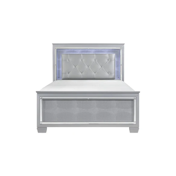 3-Piece Silver Modern LED Panel Bedroom Set with Faux Leather Upholstered Tufted Headboard, Alligator Embossing, and Crystal-Enhanced Accents