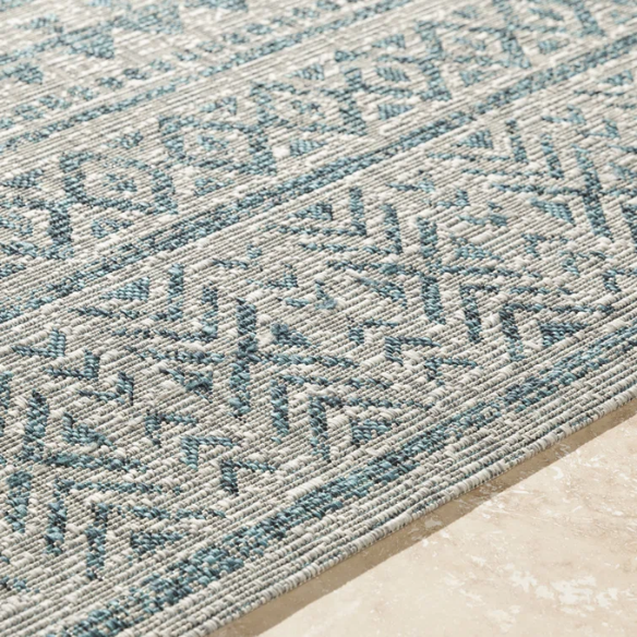 Striped Geometric Area Rug – Aqua & Taupe, Durable Polypropylene, Low-Pile Design for High-Traffic Indoor/Outdoor Spaces