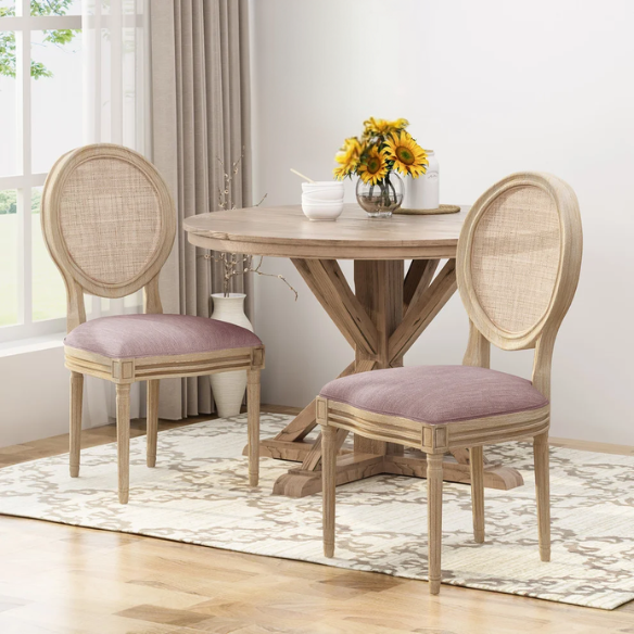 Light Blush Upholstered Dining Chairs with Wicker Back and Distressed Natural Wood Legs (Set of 2) – Farmhouse French Country Accent Seating