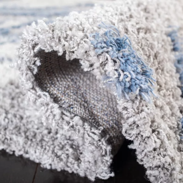 Plush Abstract Blue, Grey, and White Pattern Shag Rug