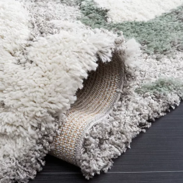 Plush Abstract Green, Grey, and White Pattern Shag Rug