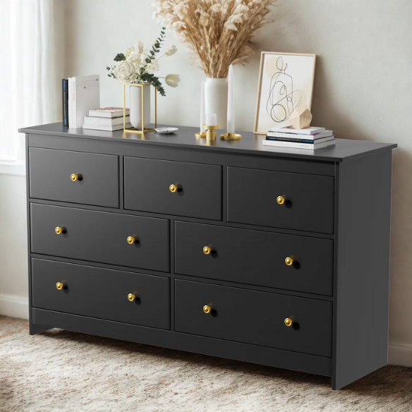 Classic & Modern 7-Drawer Dresser with Matte Wood Finish and Elegant Metal Knobs