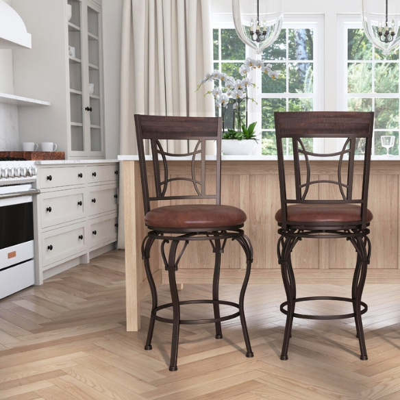 Metal Swivel Stool – Dark Chestnut Finish with Distressed Wood Rail, Geometric Back Design, Antique Brown Faux Leather Seat, 360° Swivel, Counter & Bar Height Options