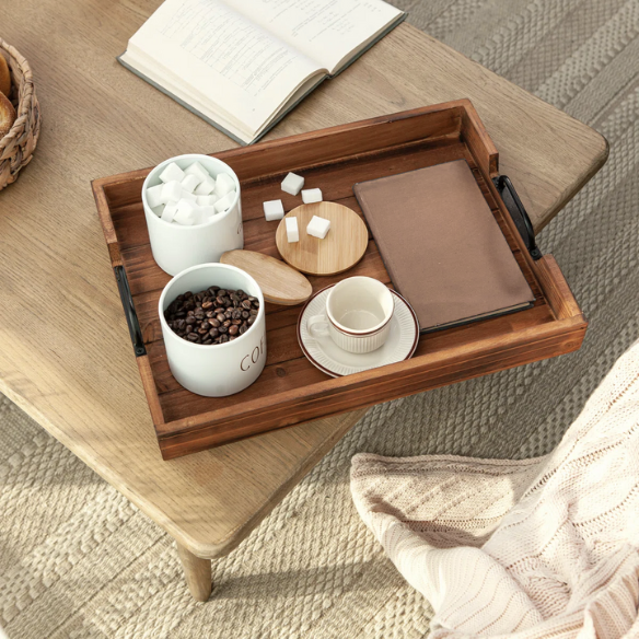 Rustic Wooden Coffee Table Tray with Handle Slots – Farmhouse-Inspired Accent for Stylish Organization and Decor