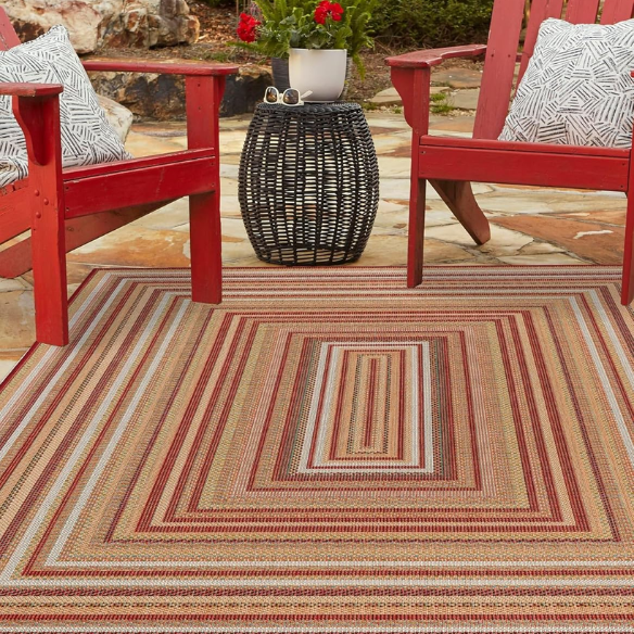 Coastal-Inspired Geometric Rug – Fade & Stain-Resistant, Burgundy,Ivory,Orange,Green,Blue Pattern, Ideal for Indoor/Outdoor Use