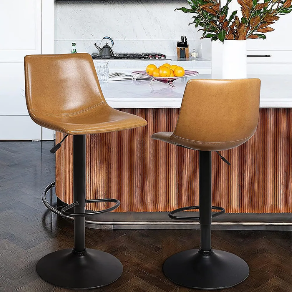 Set of 2 Adjustable Height Swivel Bar Stools with Back – Mid-Century Modern Design, Polished Chrome Base, Ergonomic Imitation Leather Seat, 360° Rotation for Kitchen Island or Bar