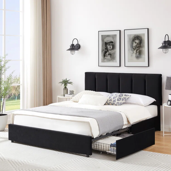 Velvet Upholstered Queen Size Platform Bed with Adjustable Headboard and 4 Storage Drawers