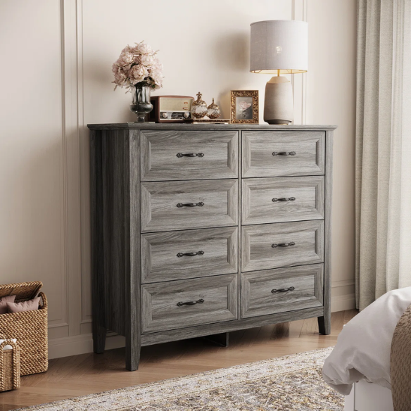 French Country-Inspired 8-Drawer 47.3" Double Dresser with Rustic Finish, Crown Molding, and Tapered Legs