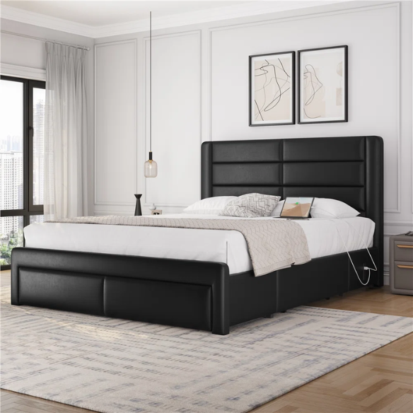 King Size Vegan Leather Metal Platform Storage Bed with 3 Drawers, Tufted Headboard, and Built-In USB Ports – Modern Design for Ultimate Comfort and Convenience
