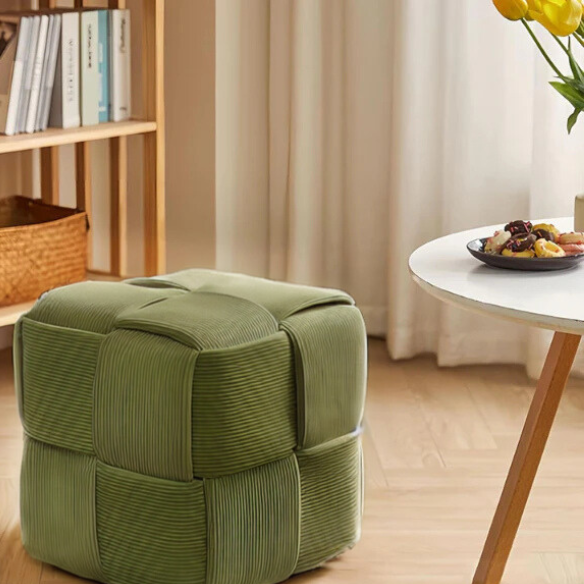 Olive Green Corduroy Ottoman – Stylish, Comfortable Footrest with Solid Wood Frame