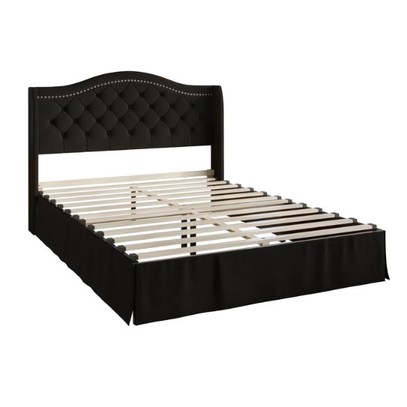 Elegant King Size Upholstered Platform Bed with Arched Camelback Headboard – Nailhead Trim, Diamond Tufting, and Foam Cushioning for Ultimate Comfort