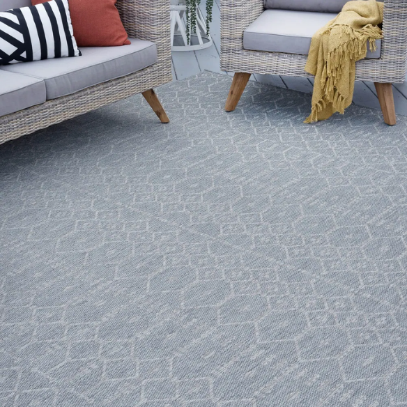 Boho-Inspired Greyish Blue & Ivory Geometric Rug – Fade & Stain-Resistant, Low-Pile, Perfect for High-Traffic Indoor/Outdoor Spaces
