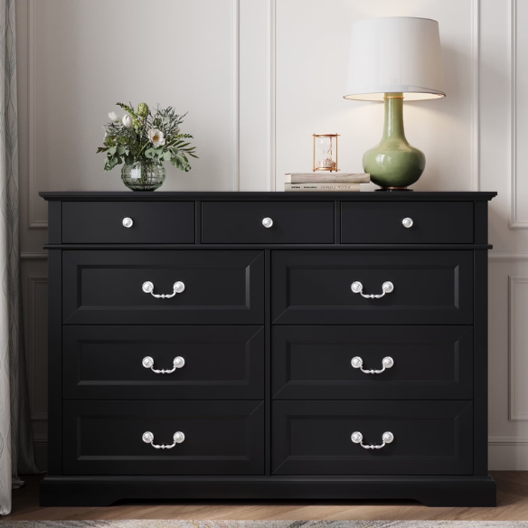 Rustic Modern 9-Drawer 53.5'' Double Dresser with Inset Paneling, Crown Molding, and Customizable Metal Handles