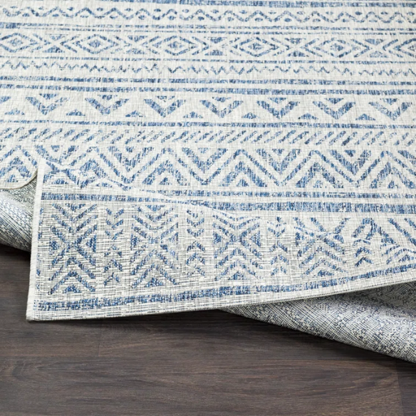 Striped Geometric Area Rug – Blue & Taupe, Durable Polypropylene, Low-Pile Design for High-Traffic Indoor/Outdoor Spaces