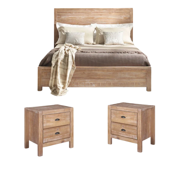 Durable Solid Pine Wood Queen Bed with Matching Dresser and Nightstand – Standard 3-Piece Bedroom Set
