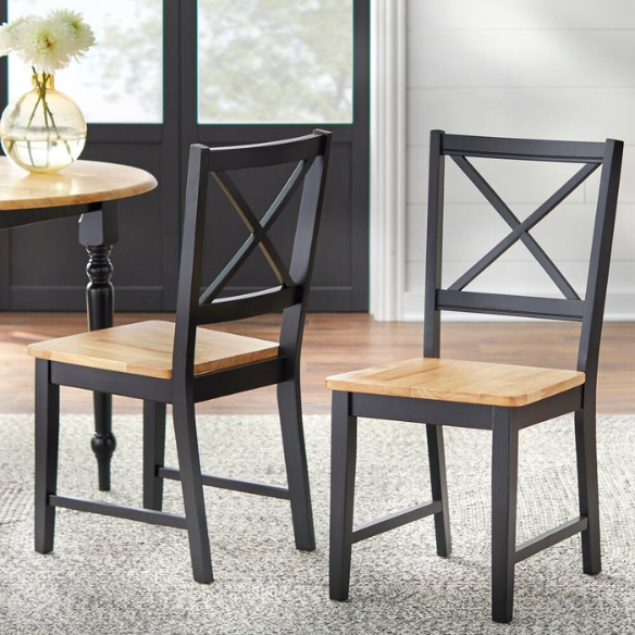 5-Piece Dining Set – Two-Tone Round Table with Drop Leaves & Cross-Back Chairs