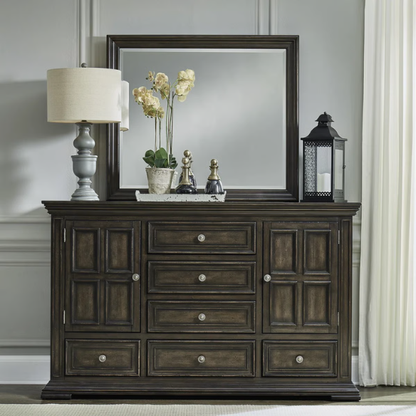 4-Piece Panel Bed, Dresser, Mirror & Nightstand Set with Antique Pewter Accents and Charging Station – Distressed Whitestone Finish, Rubberwood Solids, and Architectural Det