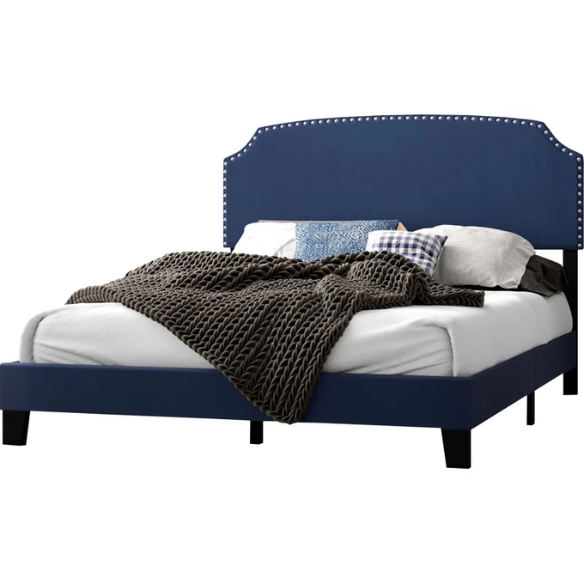 King Size Upholstered Standard Bed with Scooped Corner Headboard, Nailhead Trim, and Extra Support Feet – Classic Design with Adjustable Base Compatibility
