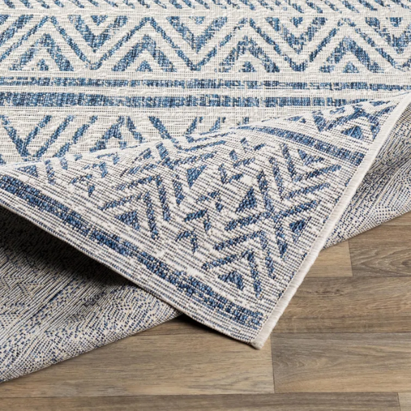 Striped Geometric Area Rug – Blue & Cream White, Durable Polypropylene, Low-Pile Design for High-Traffic Indoor/Outdoor Spaces