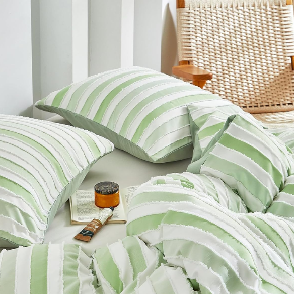 Luxurious Tufted Duvet Cover Set – Queen Size | Striped Textured Boho Bedding | Ultra-Soft Washed Microfiber | 3-Piece Set