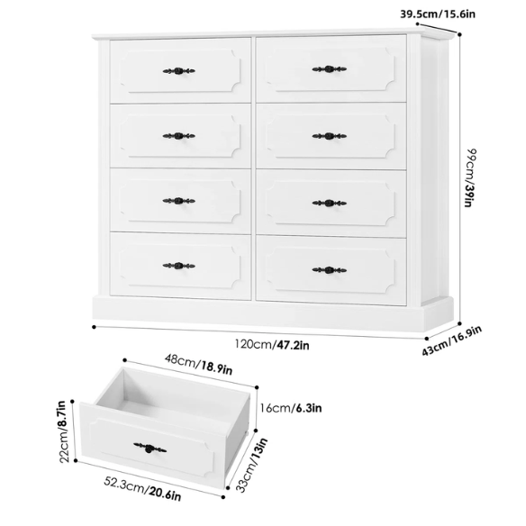 Classic Modern 8-Drawer Double Dresser with Picture Frame Paneling, Decorative Black Metal Handles, and French Country Style