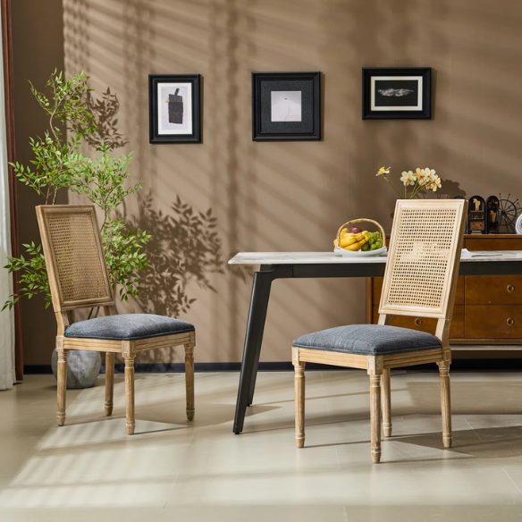 French Country Wood and Cane Upholstered Dining Chairs – Weathered Rubberwood Frame with Fluted Legs & Rectangular Cane Backrest