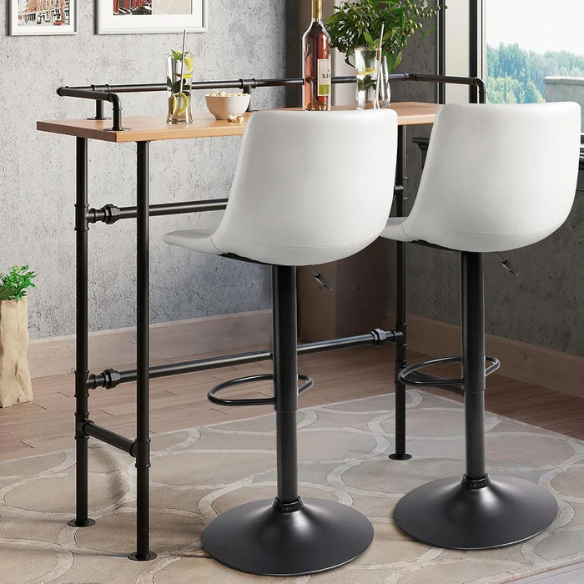 Set of 2 Adjustable Height Swivel Bar Stools with Back – Mid-Century Modern Design, Polished Chrome Base, Ergonomic Imitation Leather Seat, 360° Rotation for Kitchen Island or Bar