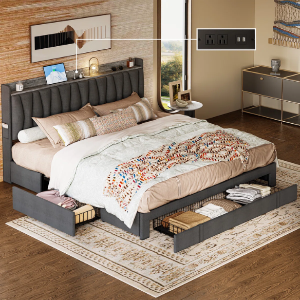 Modern Upholstered King Size Bed Frame with 3 Storage Drawers, Soft Foam Headboard, and Built-in Charging Station