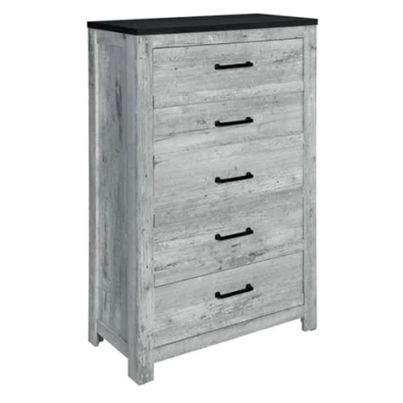 Rustic Grey Wash Queen 5-Piece Bedroom Set – Plank Design Bed, Dresser, Nightstand, and Chest with Black Accents and Durable Hardware