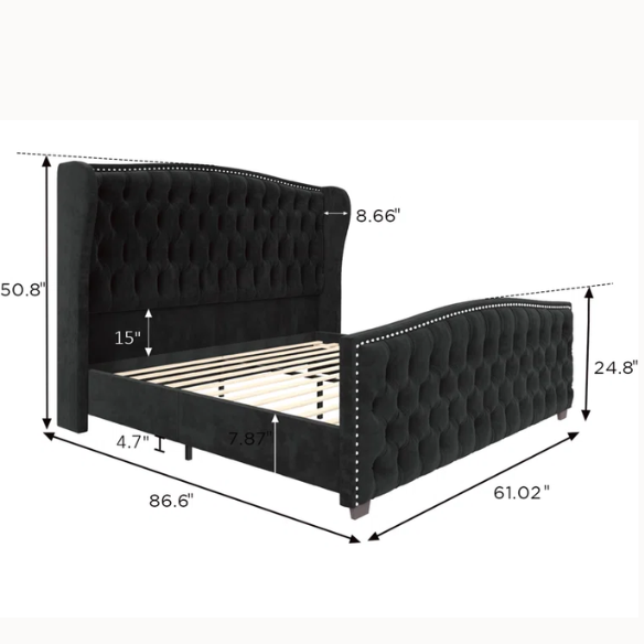 Velvet Queen Size Bed with Button Tufted Upholstery, Nailhead Trim, and Wingback Headboard