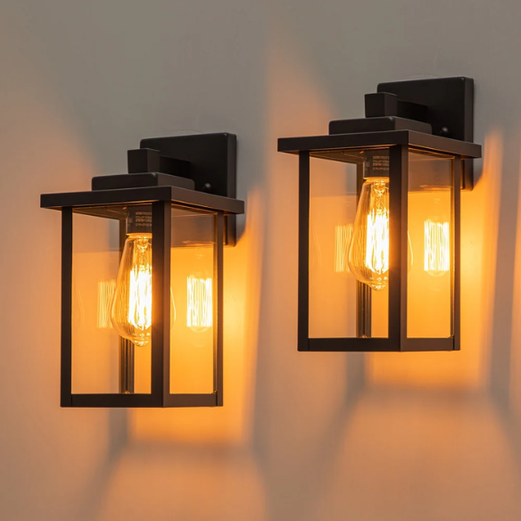 2-Pack 1-Light Black Outdoor Wall Sconces – Modern Rustic Lantern-Style Exterior Wall Lights for Porch, Patio, Garage, and More