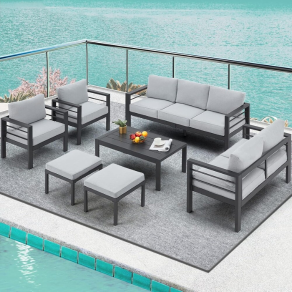 Modern Outdoor Patio Furniture Set | 7-Piece Conversation Set with Coffee Table and Cushions | Ideal for Balcony, Porch, and Lawn