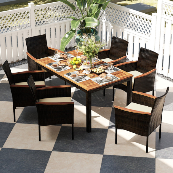 7-Piece Patio Dining Set | Wicker Outdoor Dining Set with Acacia Wood Table | Perfect for Garden and Yard Gatherings