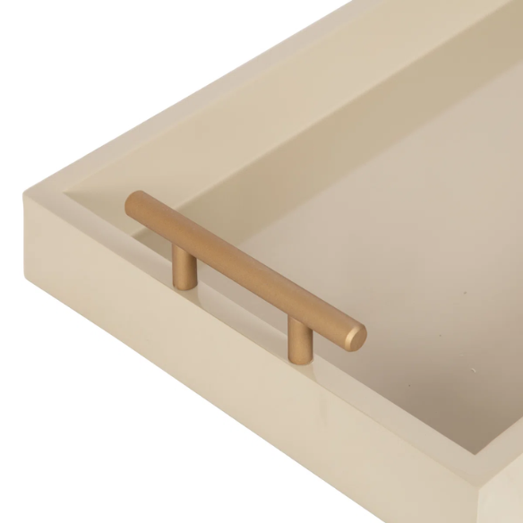Sleek and Sophisticated Long Rectangular Serving Tray – High Gloss Wood with Polished Metal Handles, Perfect for Entryway, Vanity, or Coffee Table