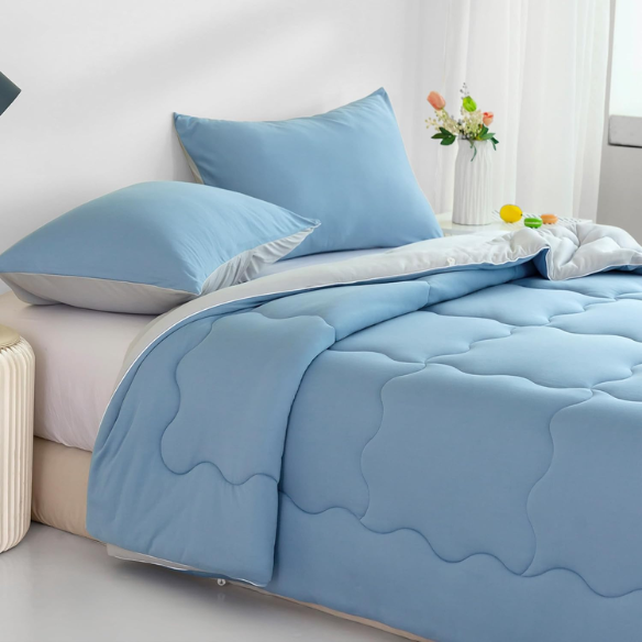 Reversible Ultra-Soft Comforter Set, Jersey Knit Milk Cup Breathable Fluffy Light Weight Bedding Down Alternative & Pillowcase