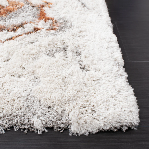 Plush Abstract Rust, Grey, and White Pattern Shag Rug